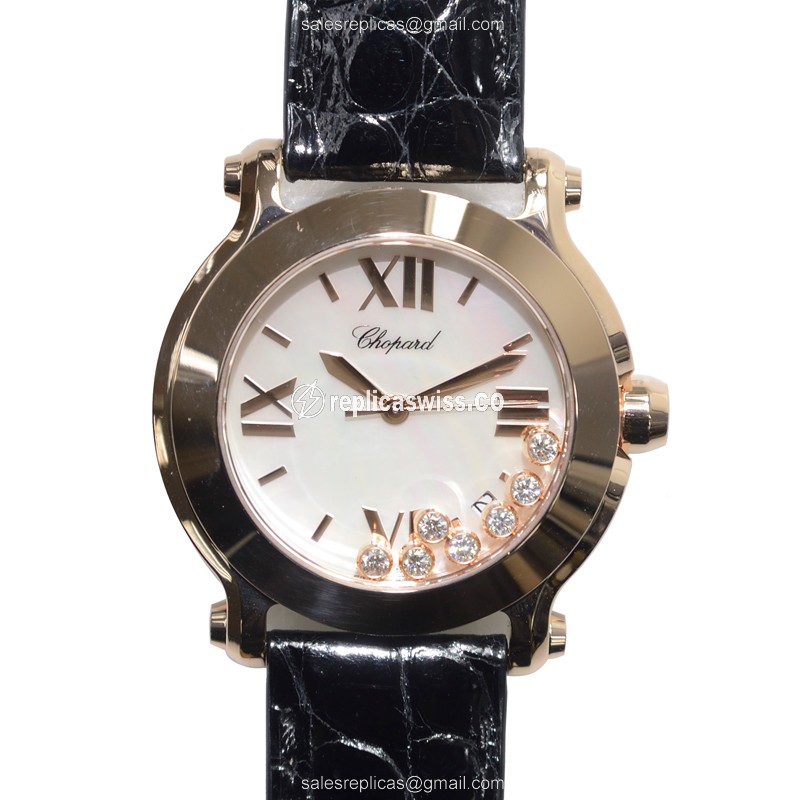 Chopard Happy Sport Quartz 18kt Rose Gold - White Dial - Alligator Black Strap - Buckle Clasp